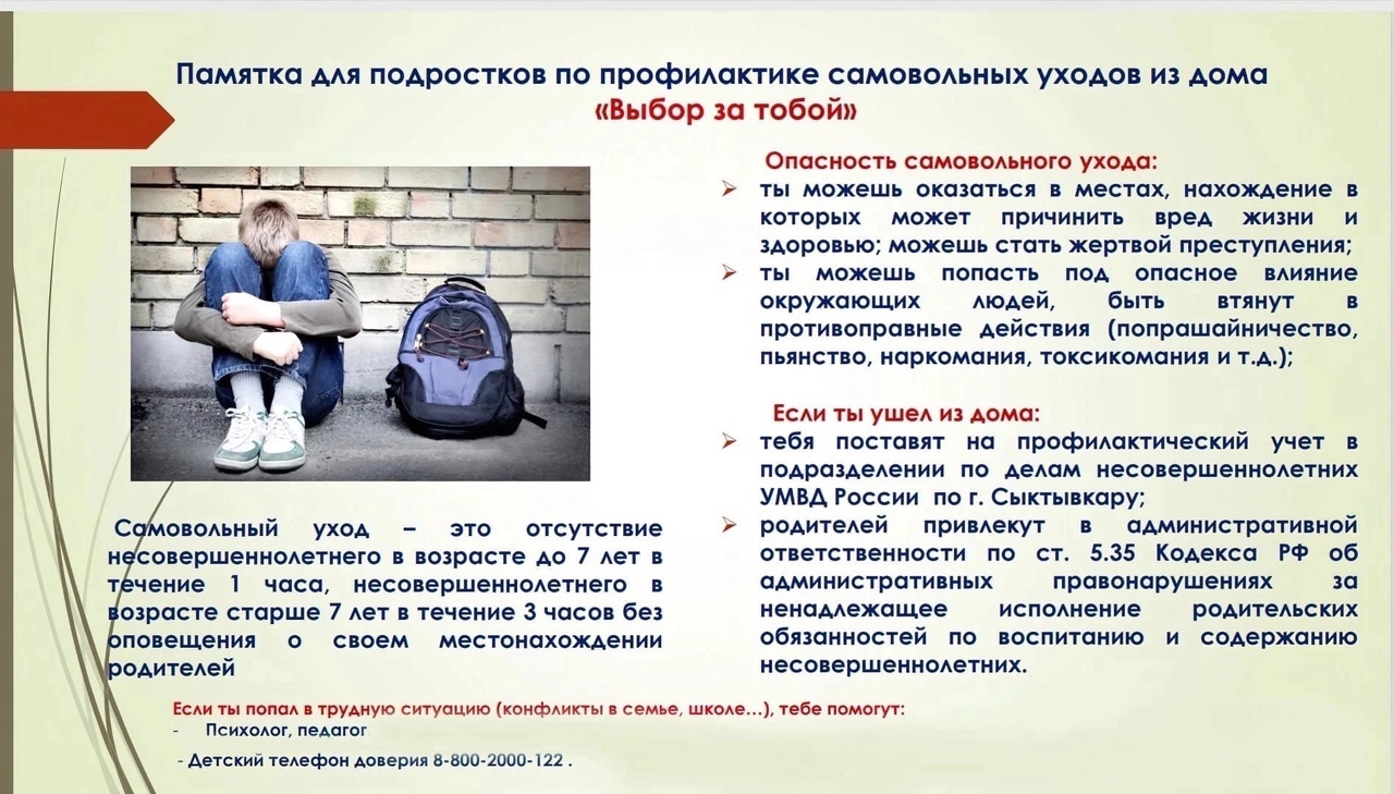 ПРОФИЛАКТИКА САМОВОЛЬНЫХ УХОДОВ НЕСОВЕРШЕННОЛЕТНИХ ИЗ ДОМА.